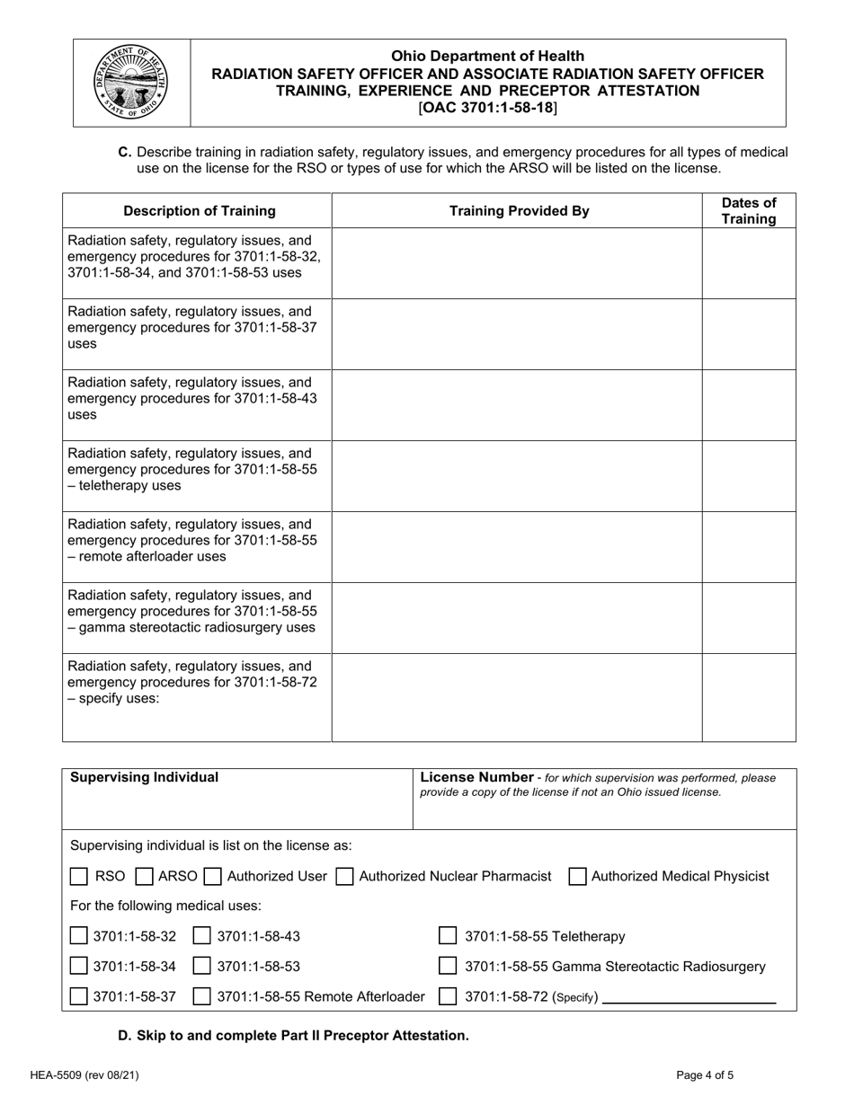Form HEA5509 Radiation Safety Officer and Associate Radiation Safety Officer Training, Experience and Preceptor Attestation - Ohio, Page 4