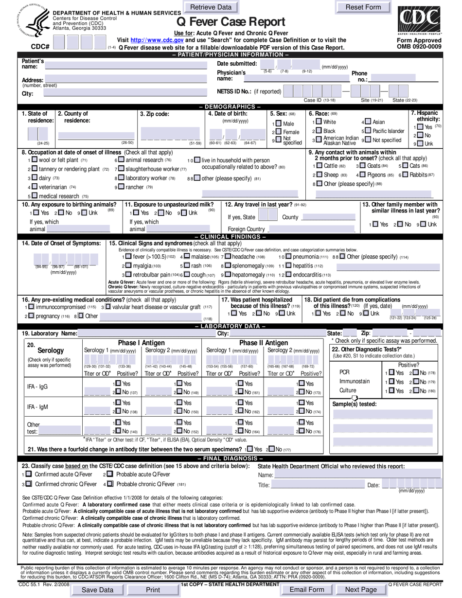 Form CDC55.1 Q Fever Case Report, Page 1