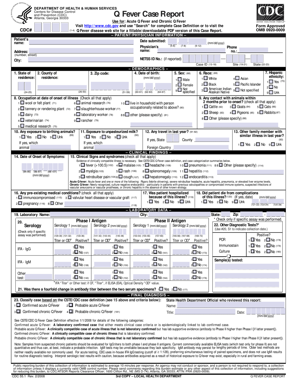 Form CDC55.1 Q Fever Case Report, Page 3