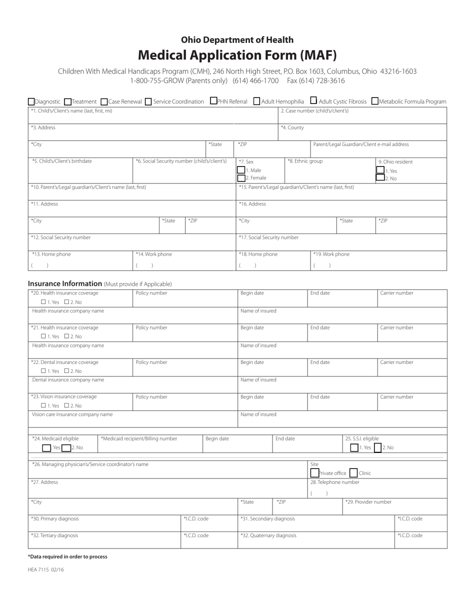 Form HEA7115 Medical Application Form (Maf) - Ohio, Page 1