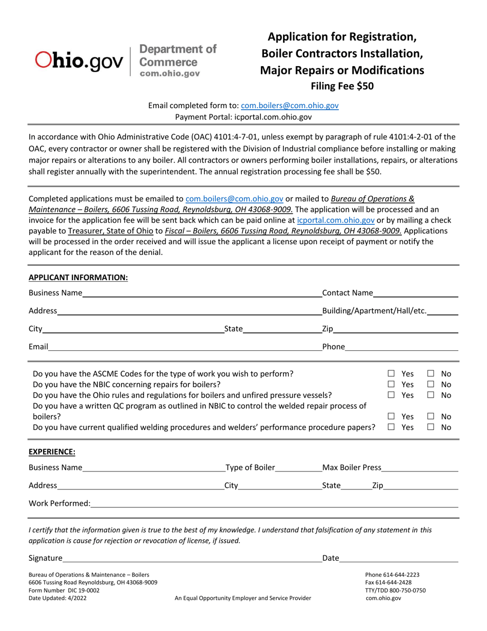 Form DIC19-0002 Application for Registration, Boiler Contractors Installation, Major Repairs or Modifications - Ohio, Page 1