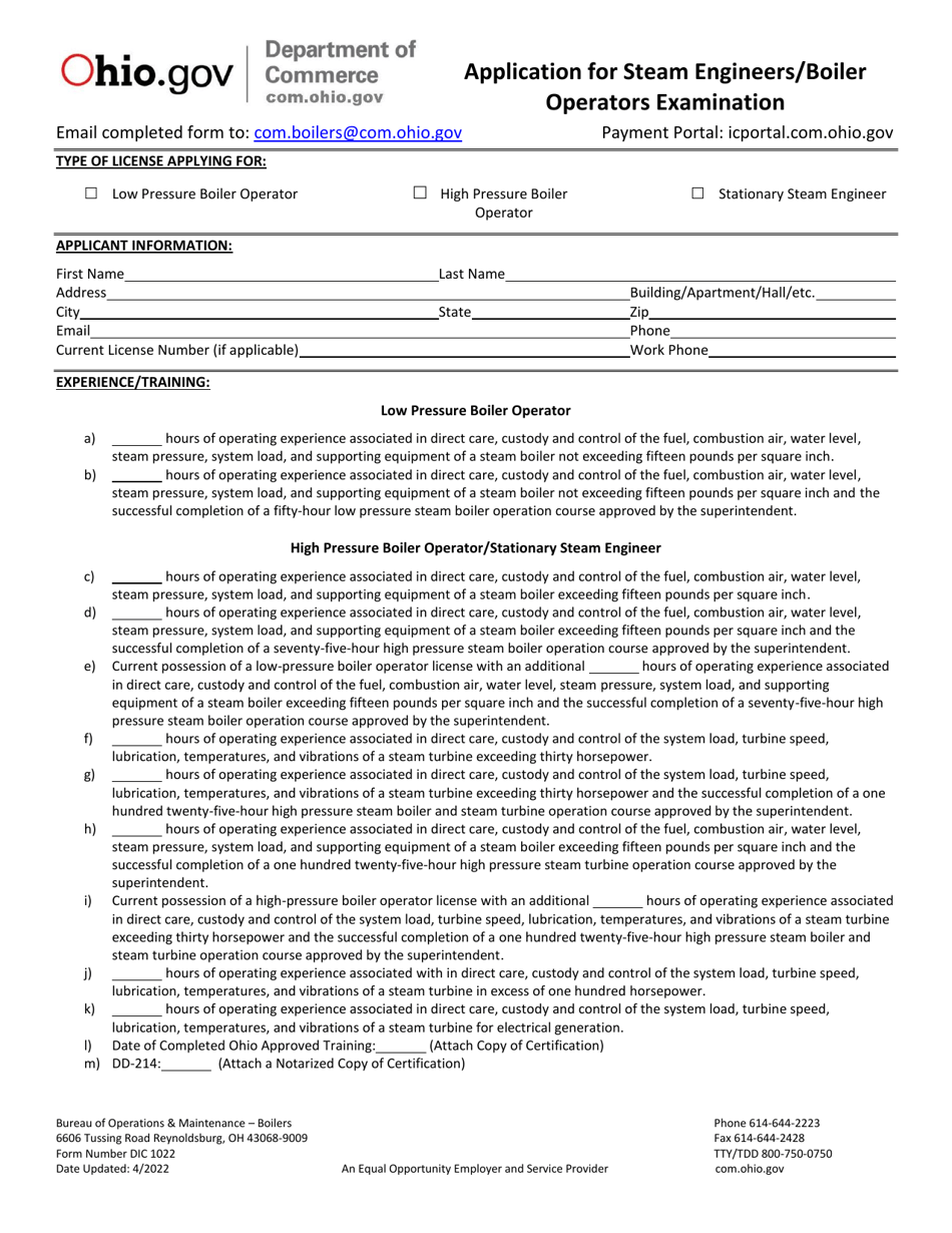 Form DIC1022 Application for Steam Engineers / Boiler Operators Examination - Ohio, Page 3