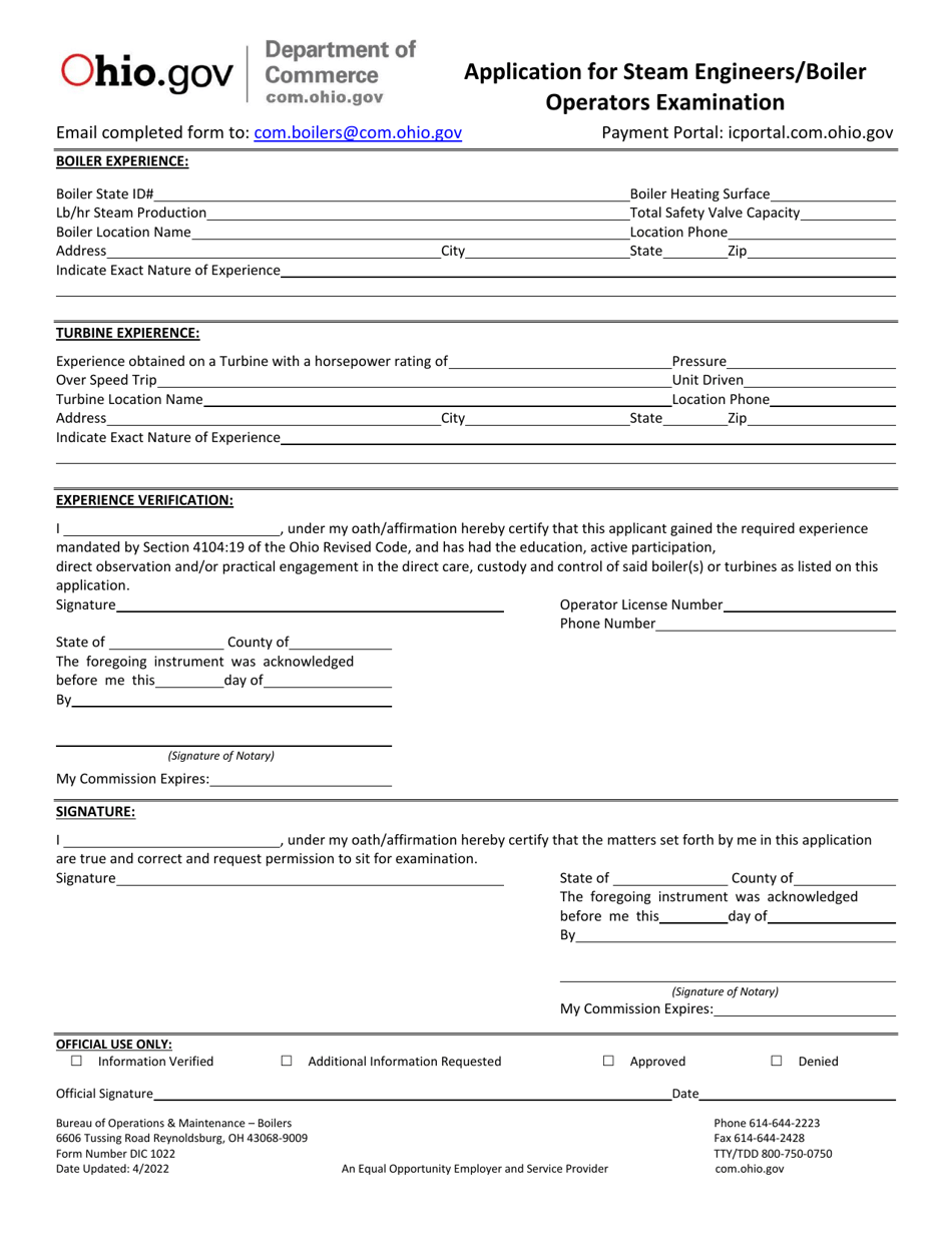 Form DIC1022 Application for Steam Engineers / Boiler Operators Examination - Ohio, Page 4