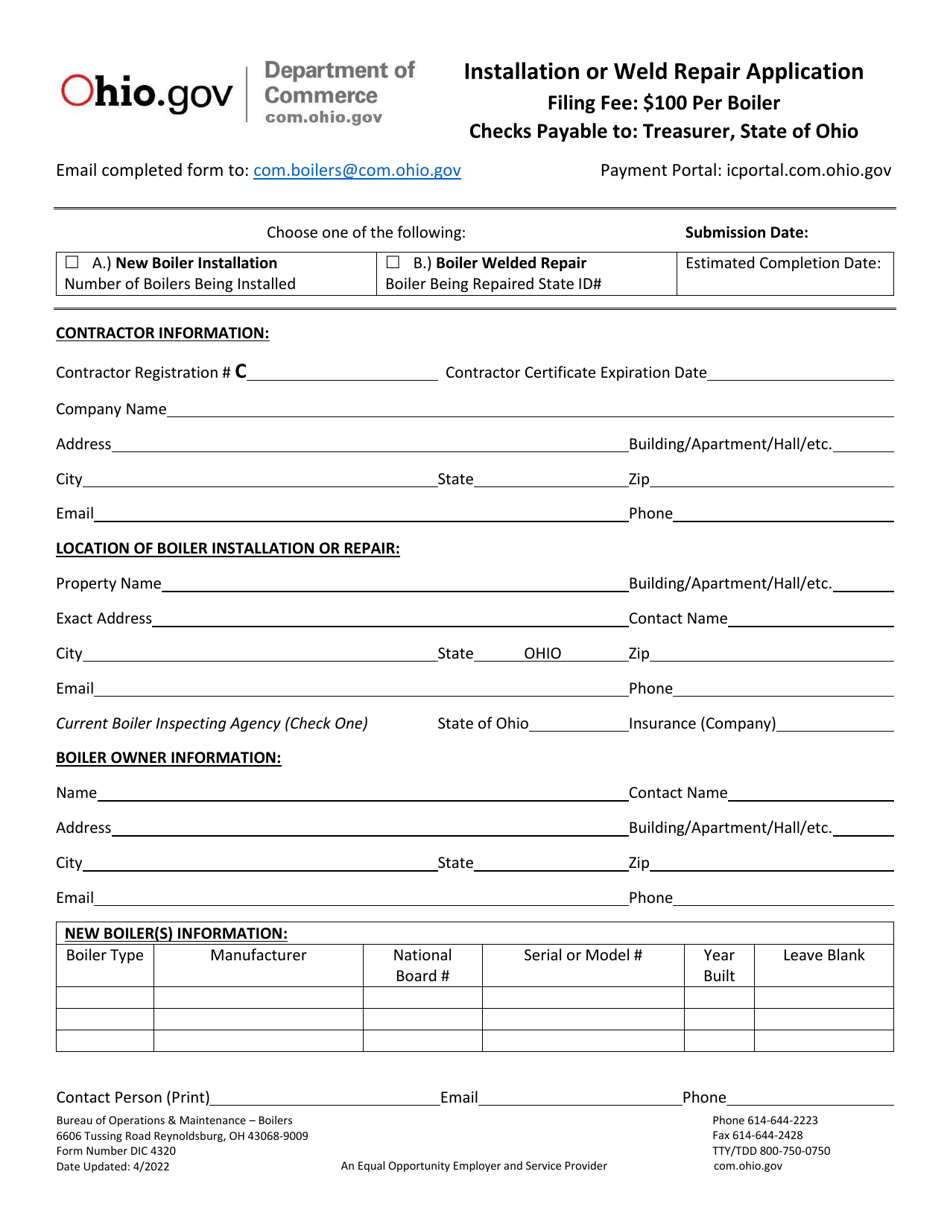 Form DIC4320 Installation or Weld Repair Application - Ohio, Page 1