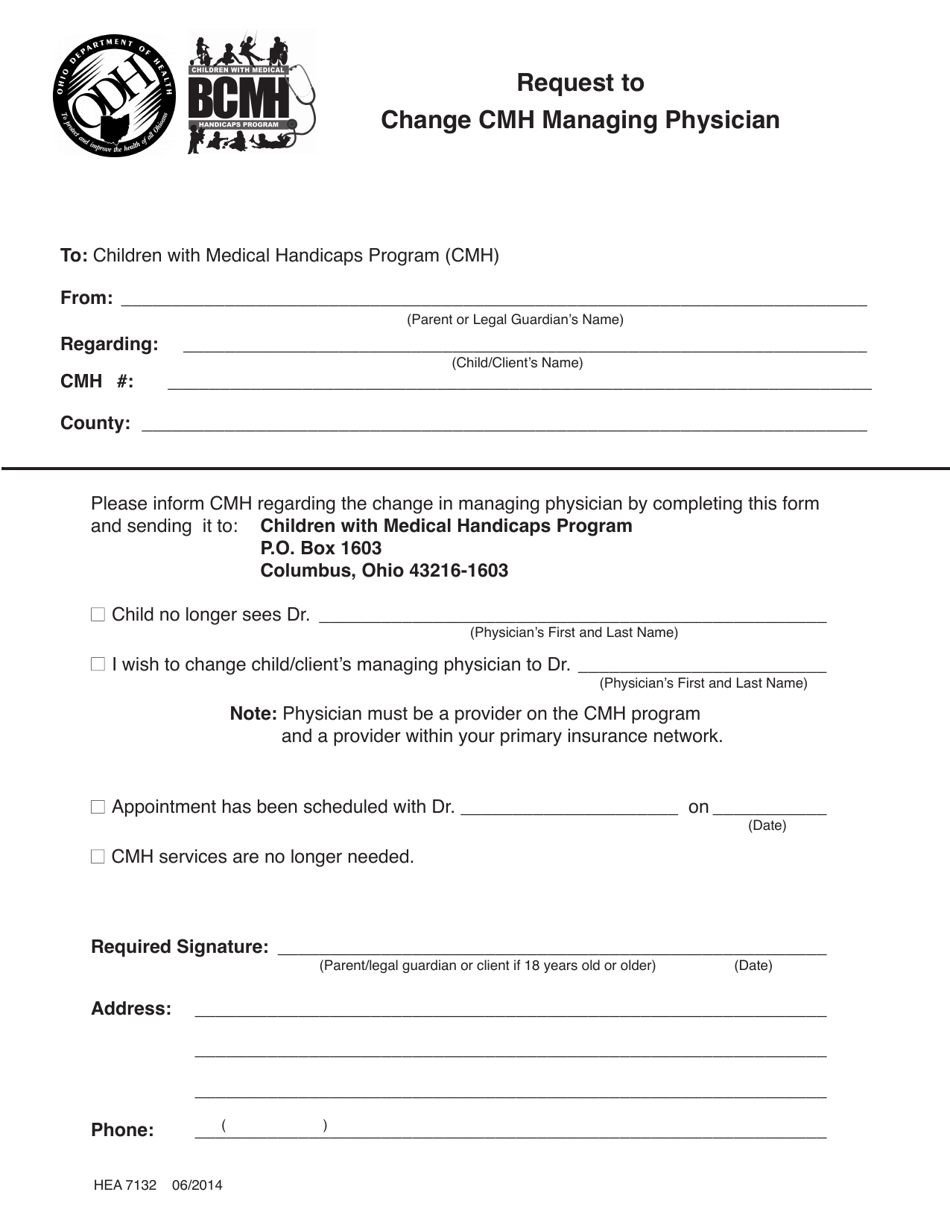 Form HEA7132 Request to Change Cmh Managing Physician - Ohio, Page 1