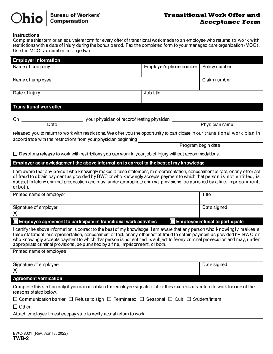 Form TWB-2 (BWC-3001) Transitional Work Offer and Acceptance Form - Ohio, Page 1