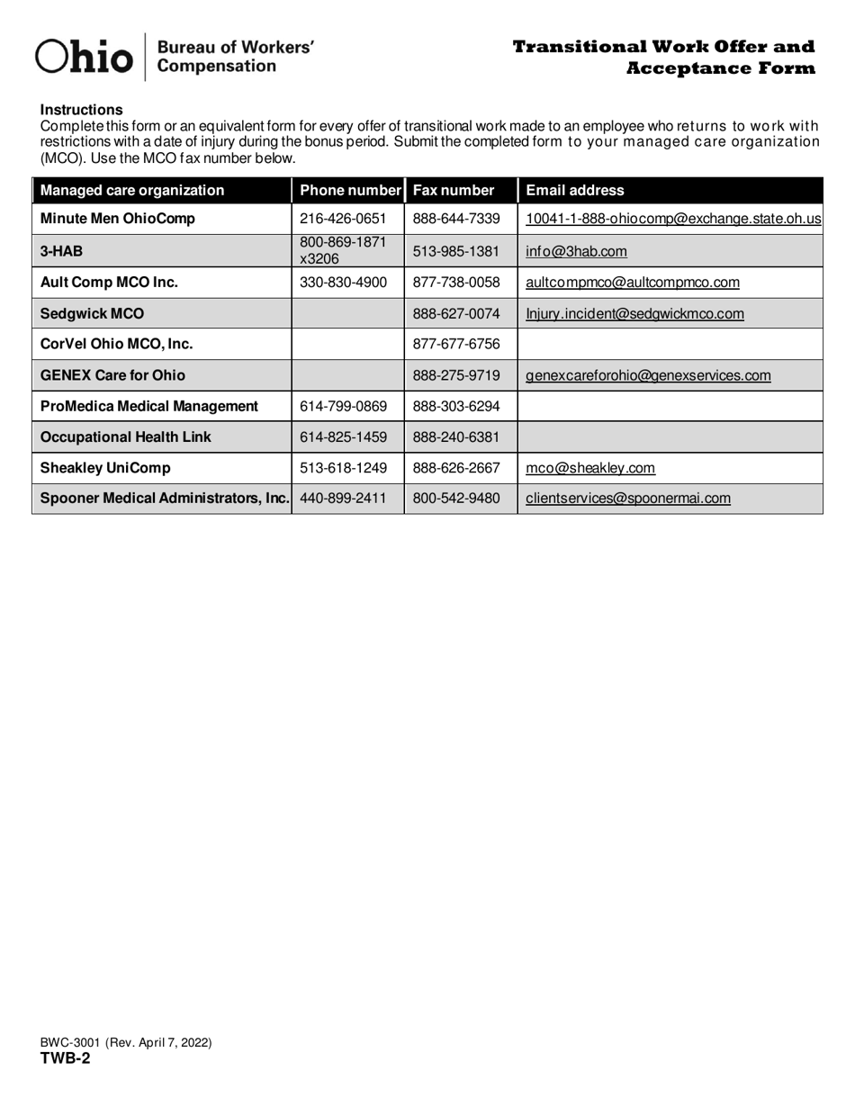 Form TWB-2 (BWC-3001) Transitional Work Offer and Acceptance Form - Ohio, Page 2