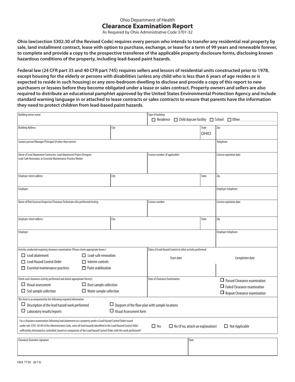 Form HEA7730 Clearance Examination Report - Ohio, Page 1
