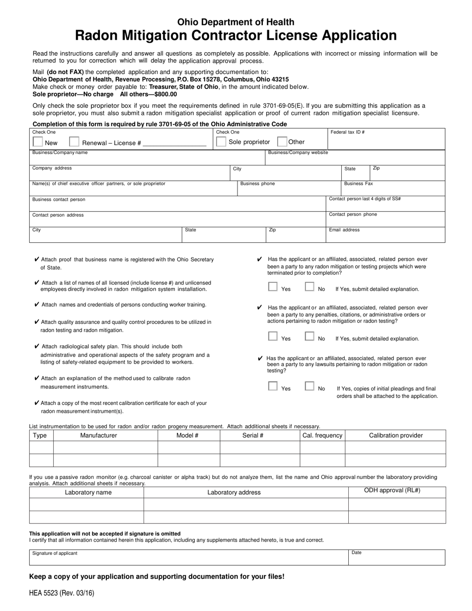 Form HEA5523 Radon Mitigation Contractor License Application - Ohio, Page 1