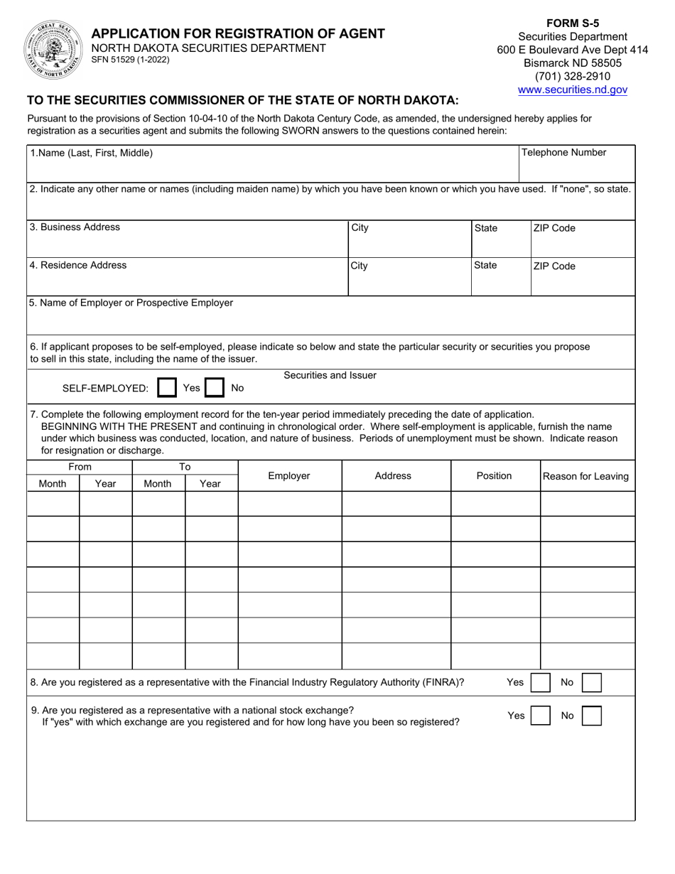 Form S-5 (SFN51529) Application for Registration of Agent - North Dakota, Page 1
