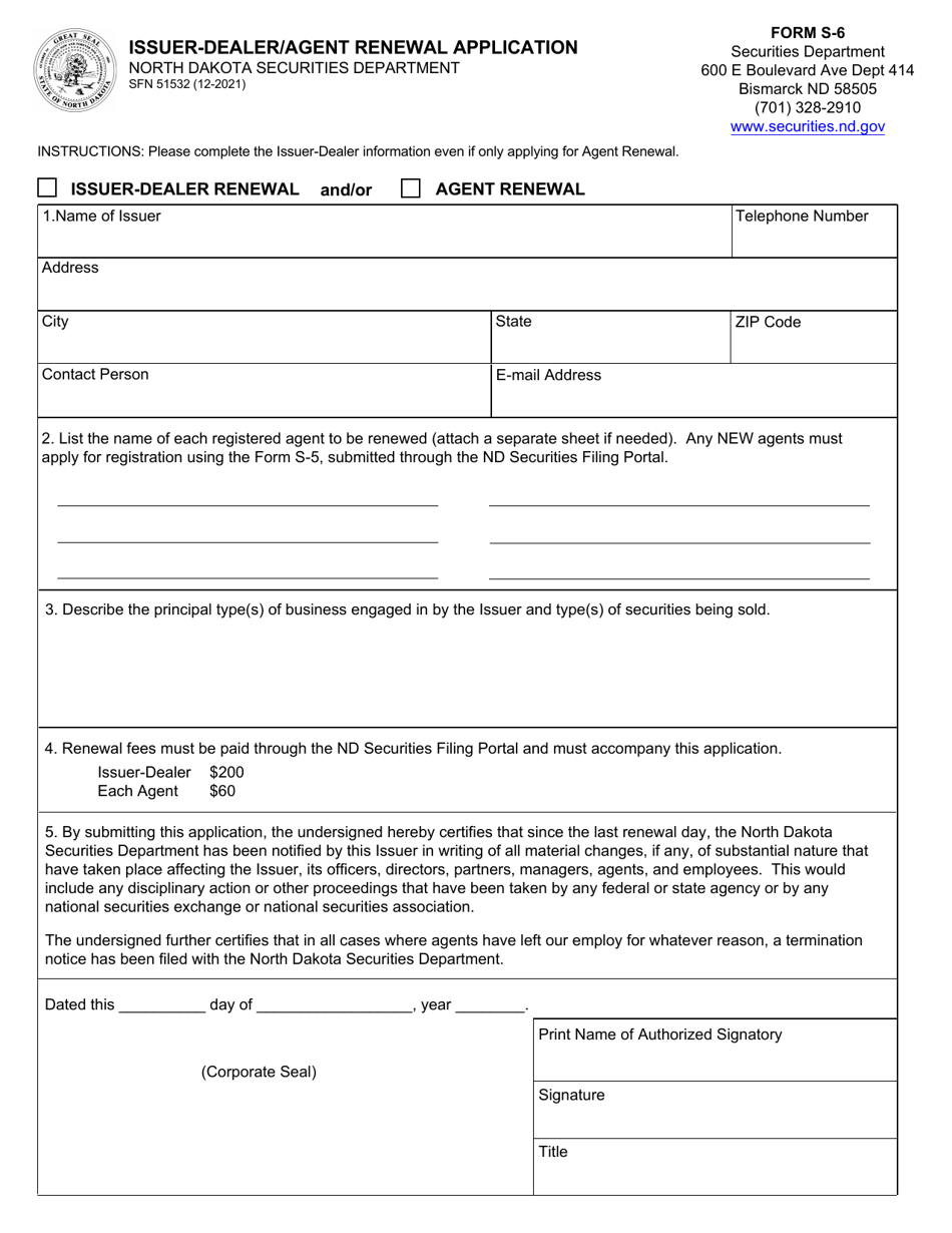 Form S-6 (SFN51532) Issuer-Dealer / Agent Renewal Application - North Dakota, Page 1