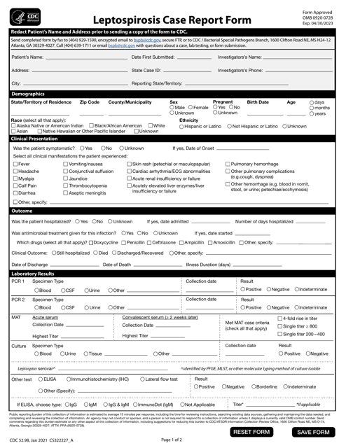 Form CDC52.98 Leptospirosis Case Report Form