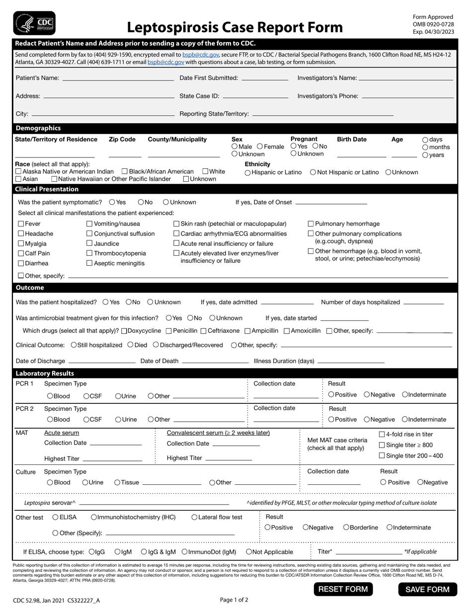 Form CDC52.98 Leptospirosis Case Report Form, Page 1