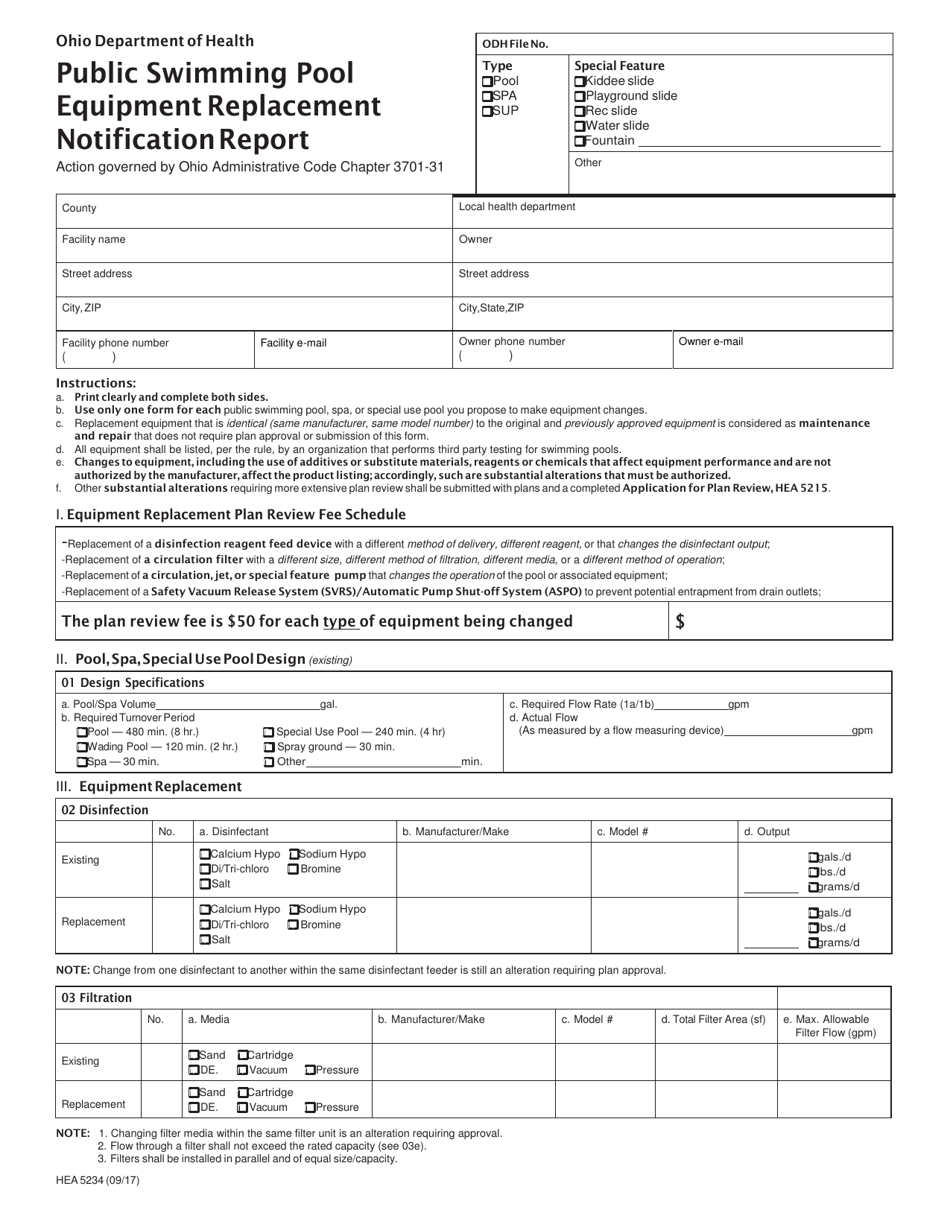Form HEA5234 Public Swimming Pool Equipment Replacement Notification Report - Ohio, Page 1