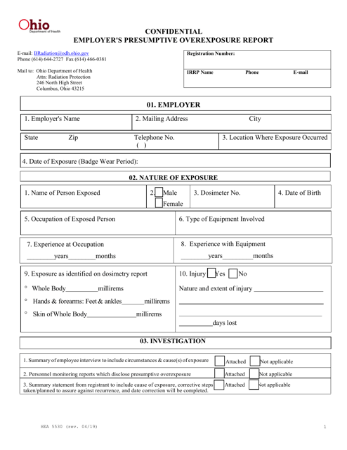 Form HEA5530 Confidential Employer's Presumptive Overexposure Report - Ohio