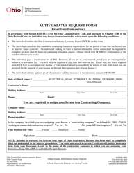 Form DIC3525 &quot;Active Status Request Form (Re-activate From Escrow)&quot; - Ohio