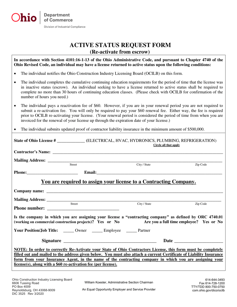Form DIC3525 Active Status Request Form (Re-activate From Escrow) - Ohio, Page 1
