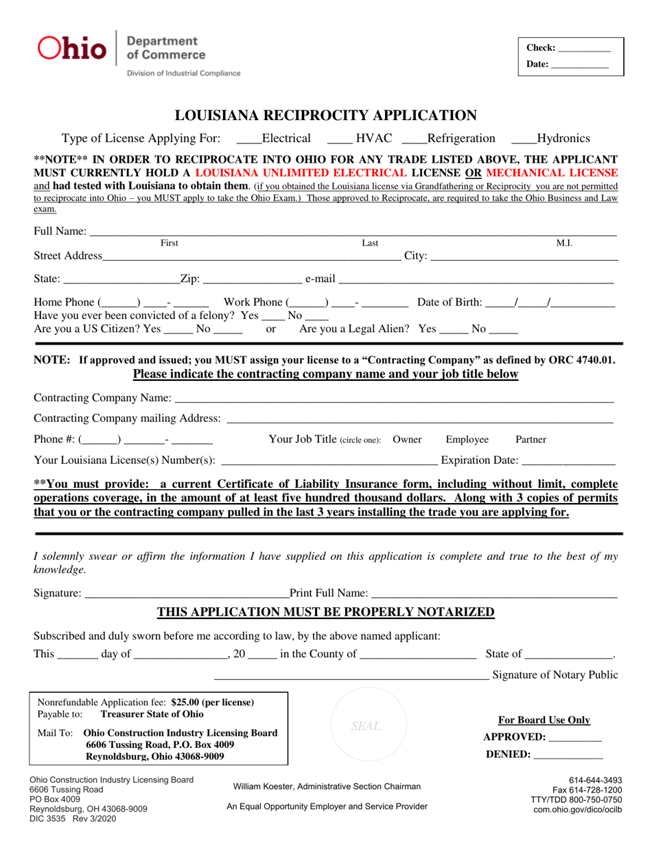 Form DIC3535 Louisiana Reciprocity Application - Ohio, Page 1