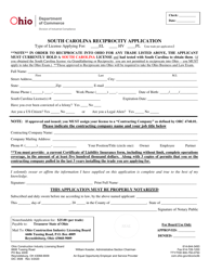 Form DIC3506 &quot;South Carolina Reciprocity Application&quot; - Ohio