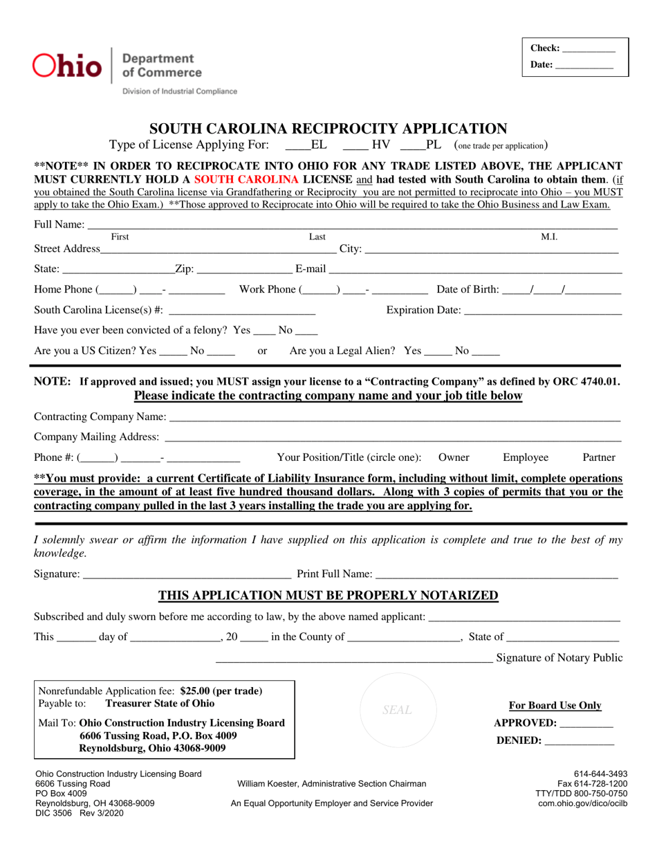 Form DIC3506 South Carolina Reciprocity Application - Ohio, Page 1