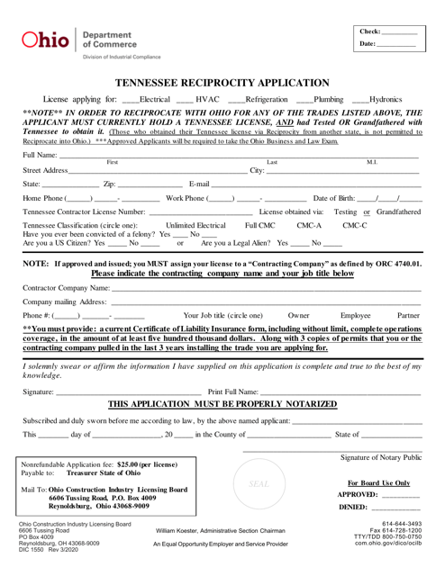 Form DIC1550 Tennessee Reciprocity Application - Ohio