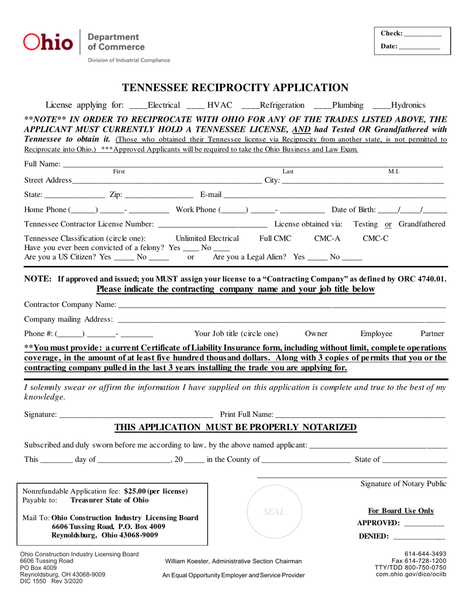 Form DIC1550 Tennessee Reciprocity Application - Ohio, Page 1