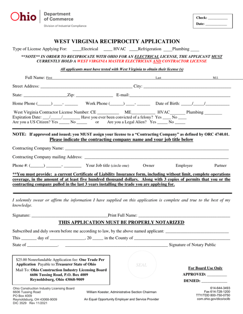Form DIC3529 West Virginia Reciprocity Application - Ohio