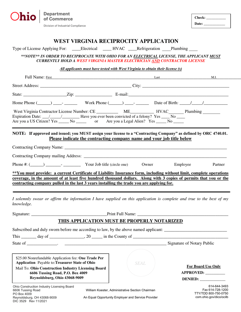 Form DIC3529 West Virginia Reciprocity Application - Ohio, Page 1