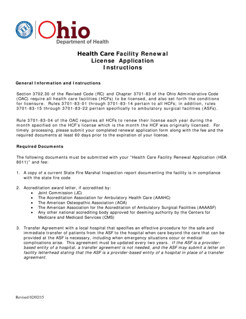 Form HEA8011 Health Care Facility Renewal Application - Ohio