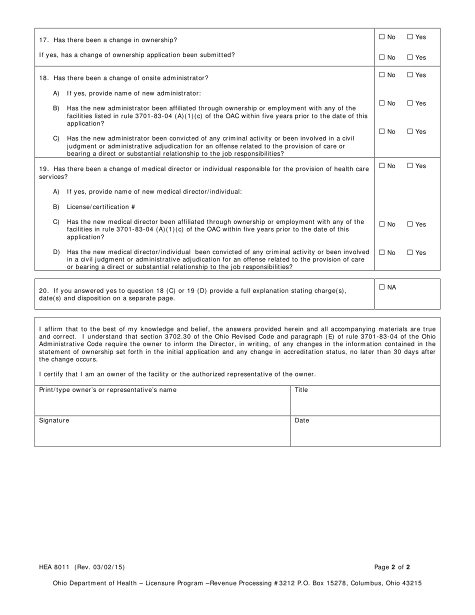 Form HEA8011 Health Care Facility Renewal Application - Ohio, Page 4