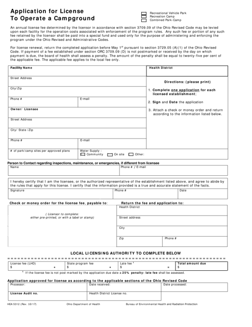 Form HEA5312 Application for License to Operate a Campground - Ohio