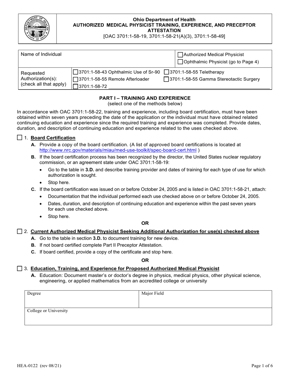Form HEA0122 Authorized Medical Physicist Training, Experience, and Preceptor Attestation - Ohio, Page 1