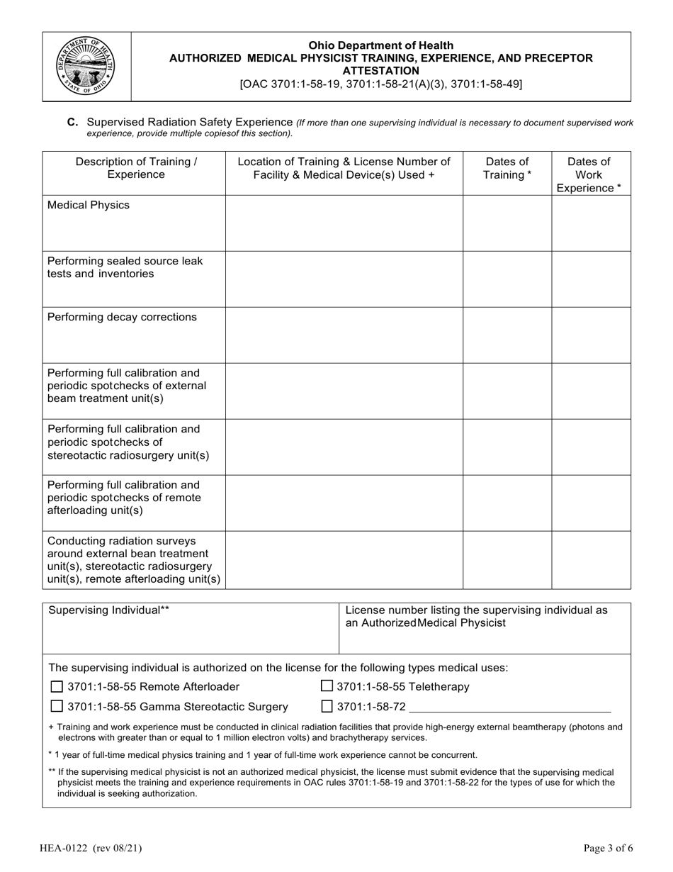 Form HEA0122 Authorized Medical Physicist Training, Experience, and Preceptor Attestation - Ohio, Page 3