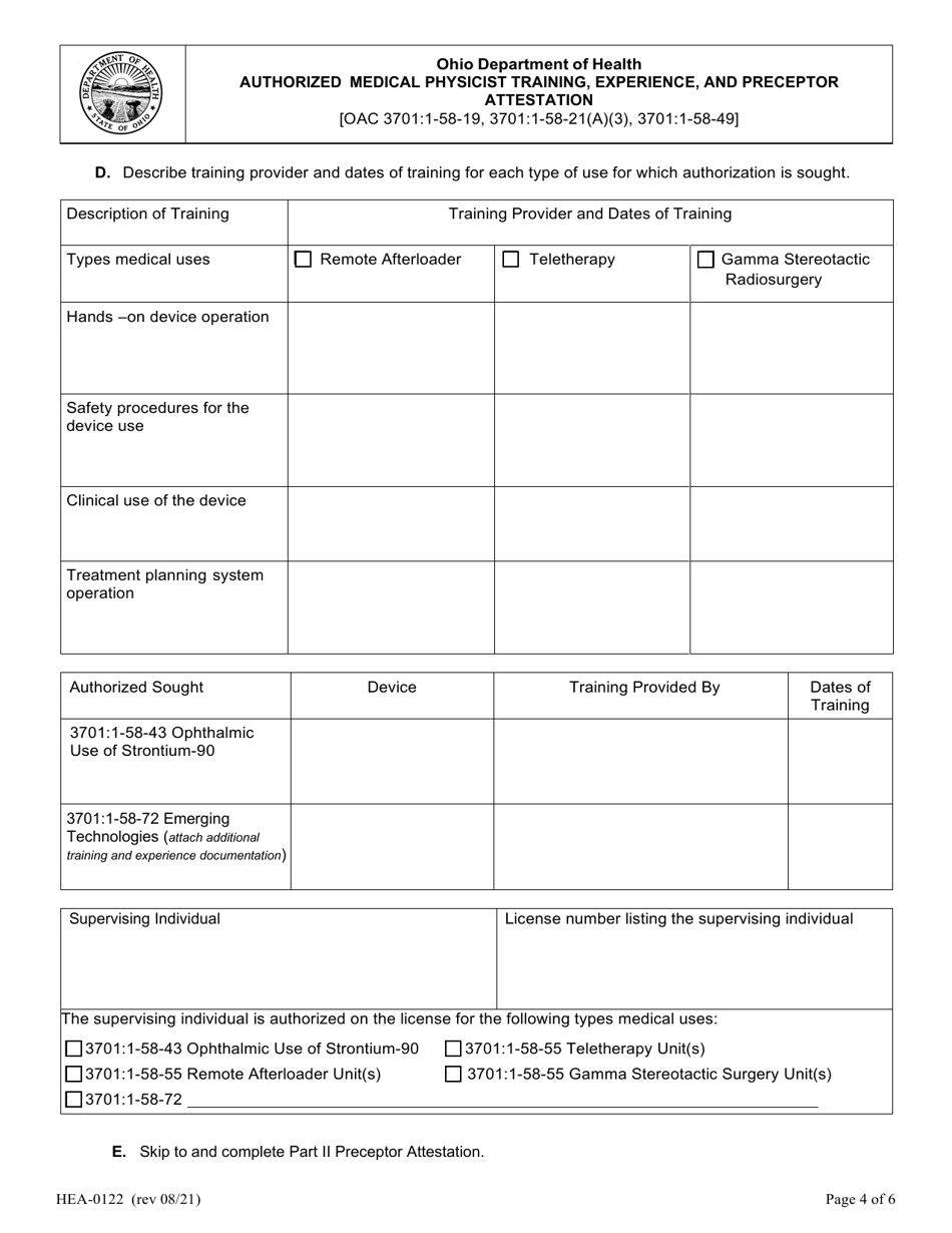 Form HEA0122 Authorized Medical Physicist Training, Experience, and Preceptor Attestation - Ohio, Page 4