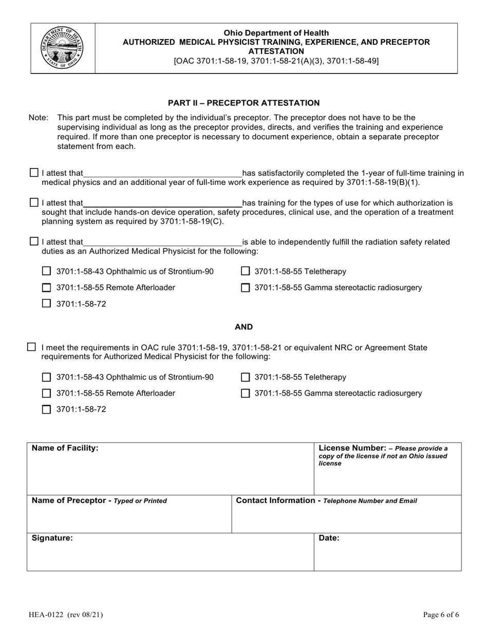 Form HEA0122 Authorized Medical Physicist Training, Experience, and Preceptor Attestation - Ohio, Page 6