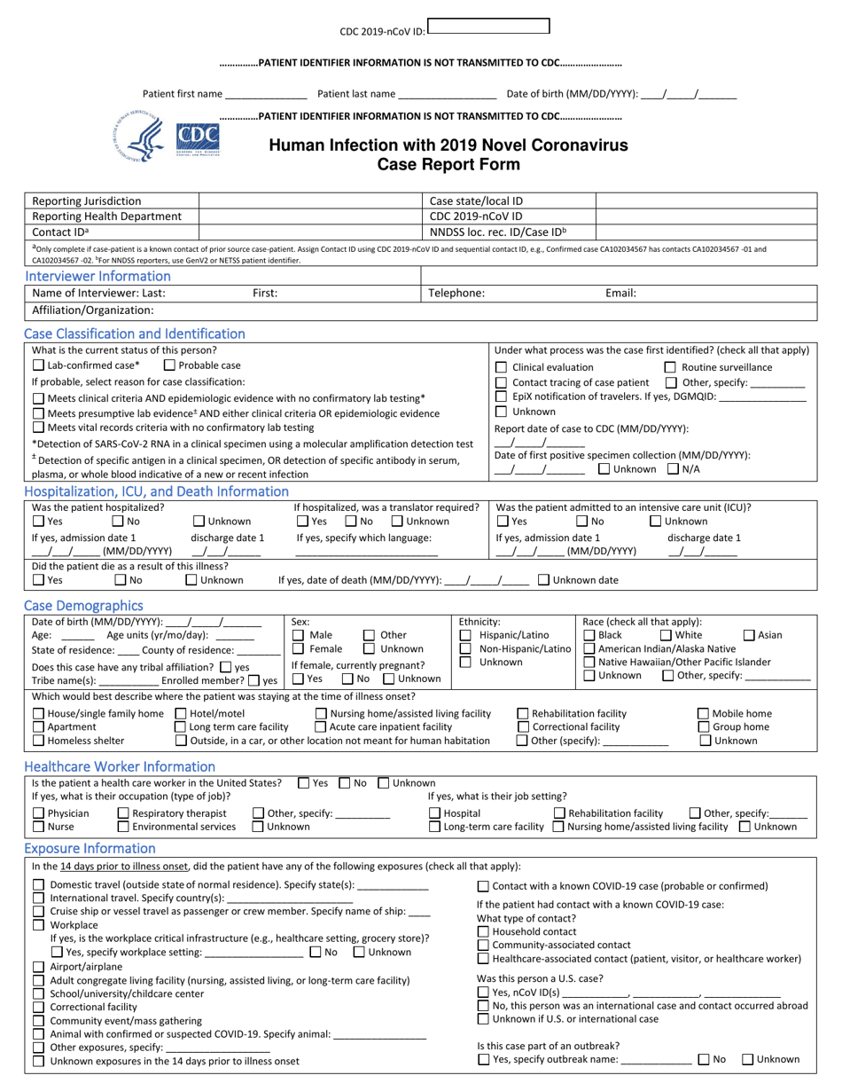 Human Infection With 2019 Novel Coronavirus Case Report Form, Page 1