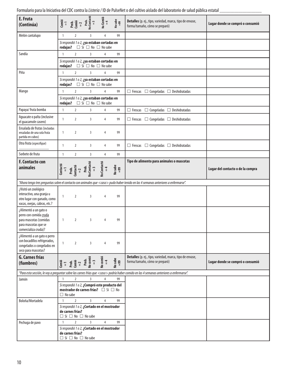 Formulario Como Parte Del CDC Contra La Listeria (Spanish), Page 10