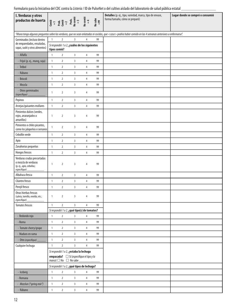 Formulario Como Parte Del CDC Contra La Listeria (Spanish), Page 12