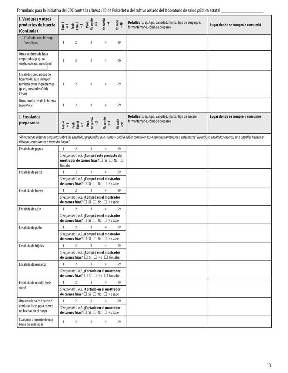 Formulario Como Parte Del CDC Contra La Listeria (Spanish), Page 13