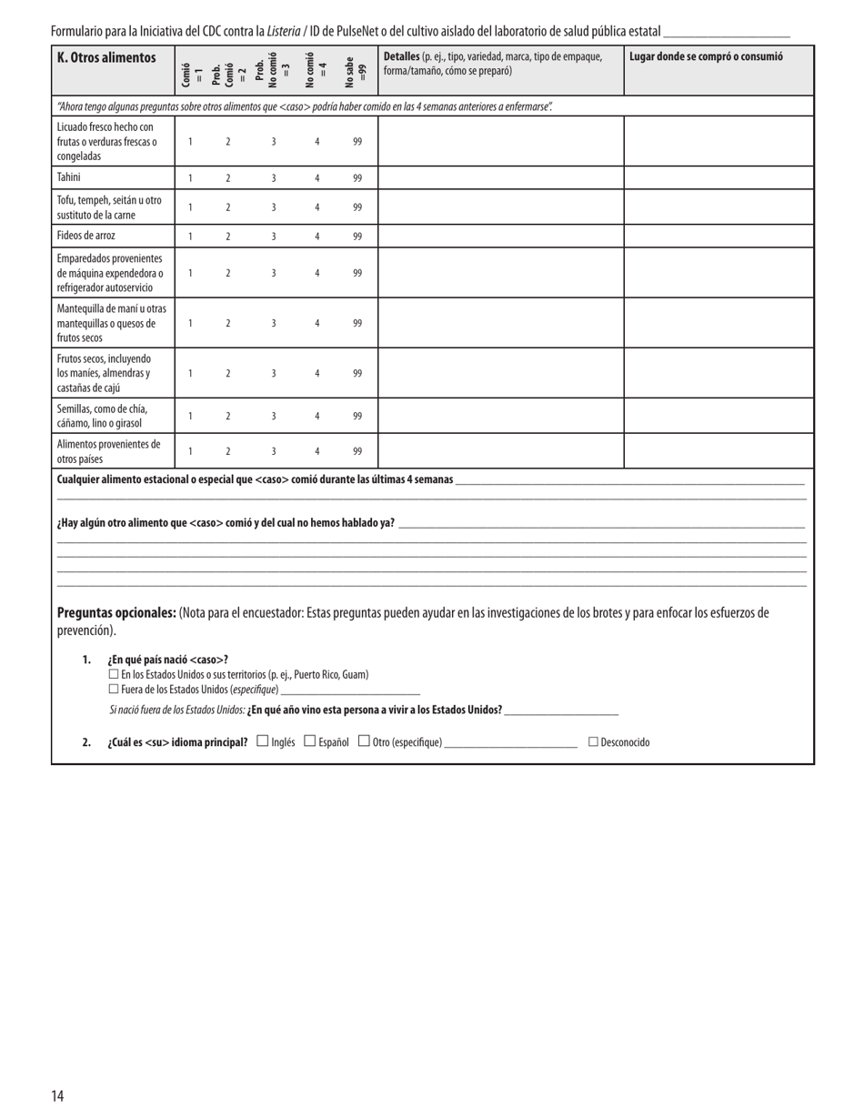 Formulario Como Parte Del CDC Contra La Listeria (Spanish), Page 14