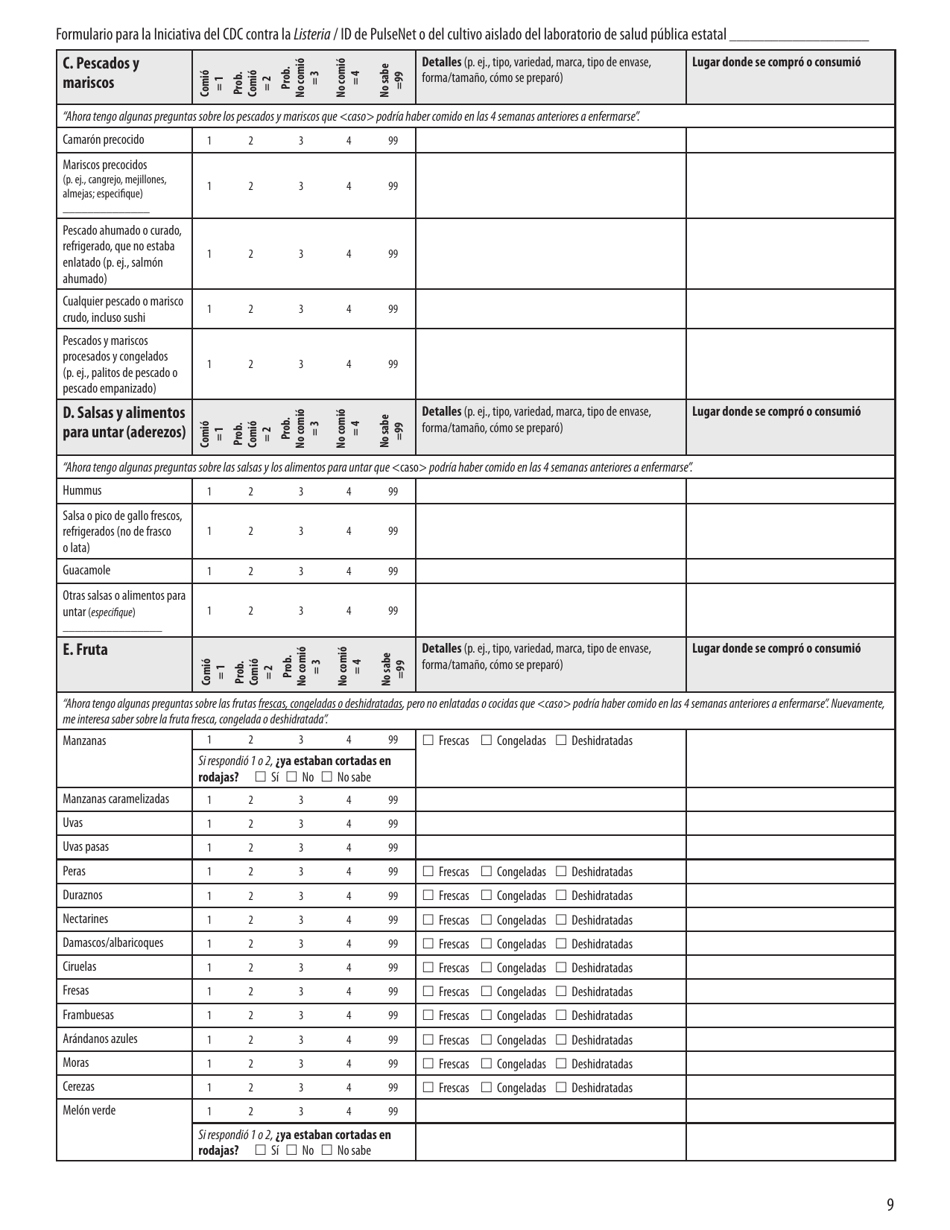Formulario Como Parte Del CDC Contra La Listeria (Spanish), Page 9