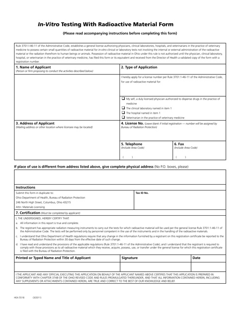 Form HEA5518 In-vitro Testing With Radioactive Material Form - Ohio