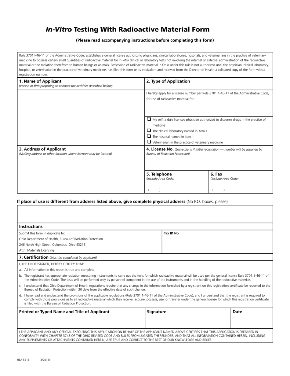 Form HEA5518 In-vitro Testing With Radioactive Material Form - Ohio, Page 1