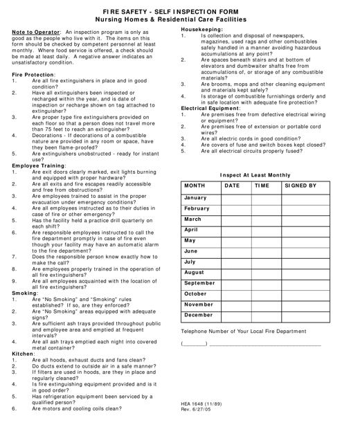 Form HEA1648 Fire Safety - Self Inspection Form - Ohio