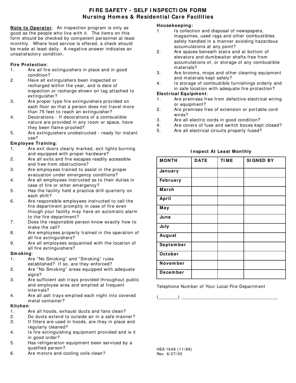 Form HEA1648 Fire Safety - Self Inspection Form - Ohio, Page 1