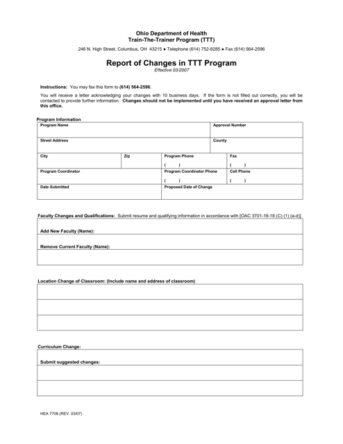 Form HEA7708 Report of Changes in Ttt Program - Ohio