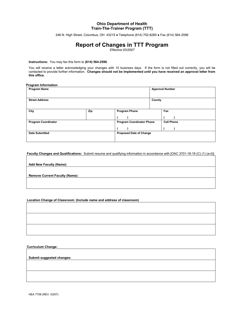 Form HEA7708 Report of Changes in Ttt Program - Ohio, Page 1