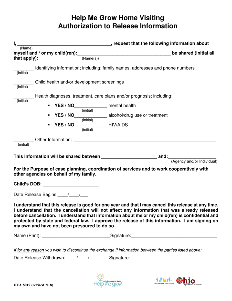 Form HEA8019 Authorization to Release Information - Help Me Grow - Ohio, Page 1