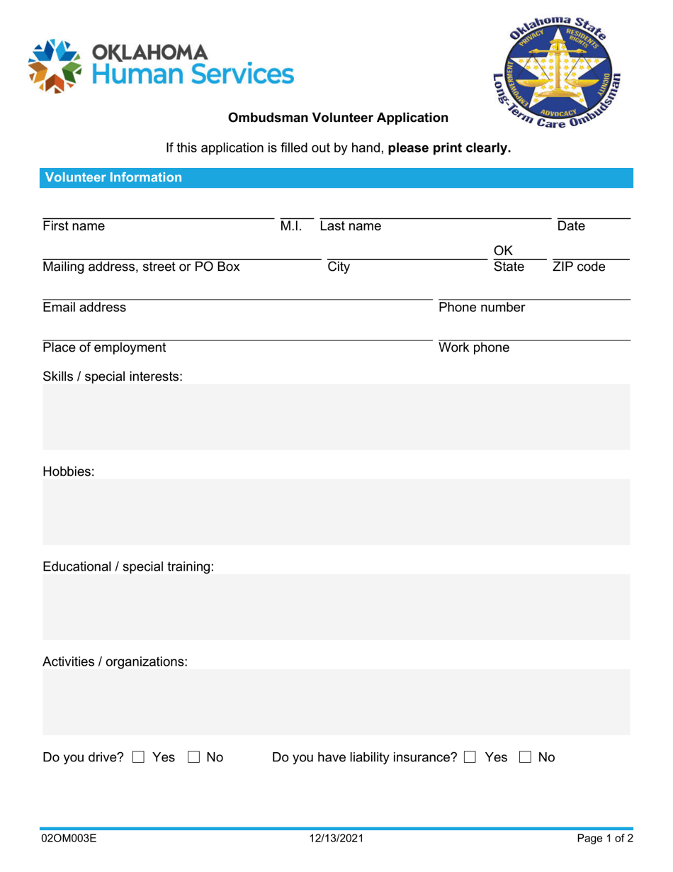 Form 02OM003E Ombudsman Volunteer Application - Oklahoma, Page 1