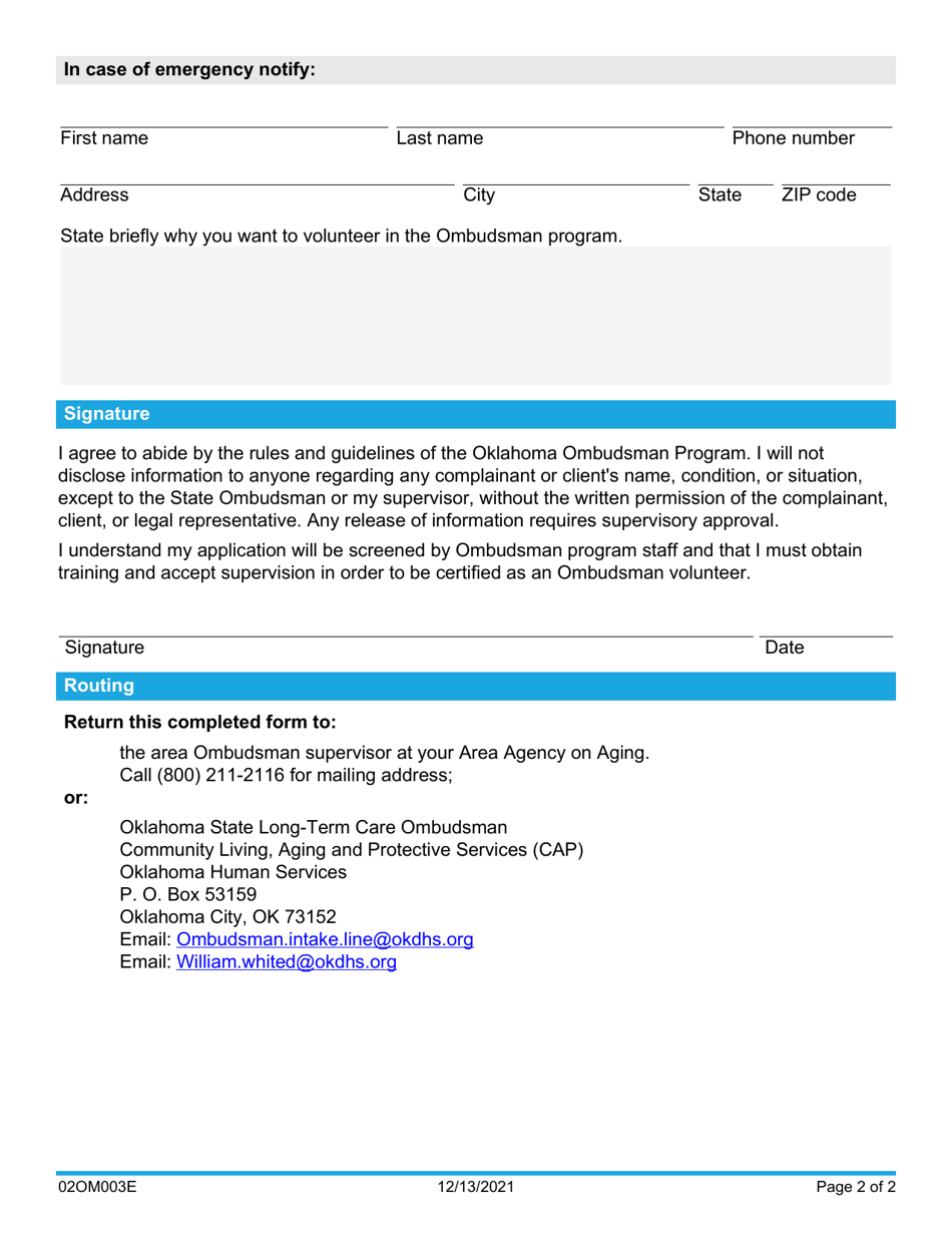 Form 02OM003E Ombudsman Volunteer Application - Oklahoma, Page 2